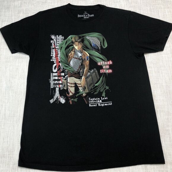 Ripple Junction Tops - Attack On Titan Shirt Men L Black Captain Levi Season 3 Anime Graphic Tee Fan